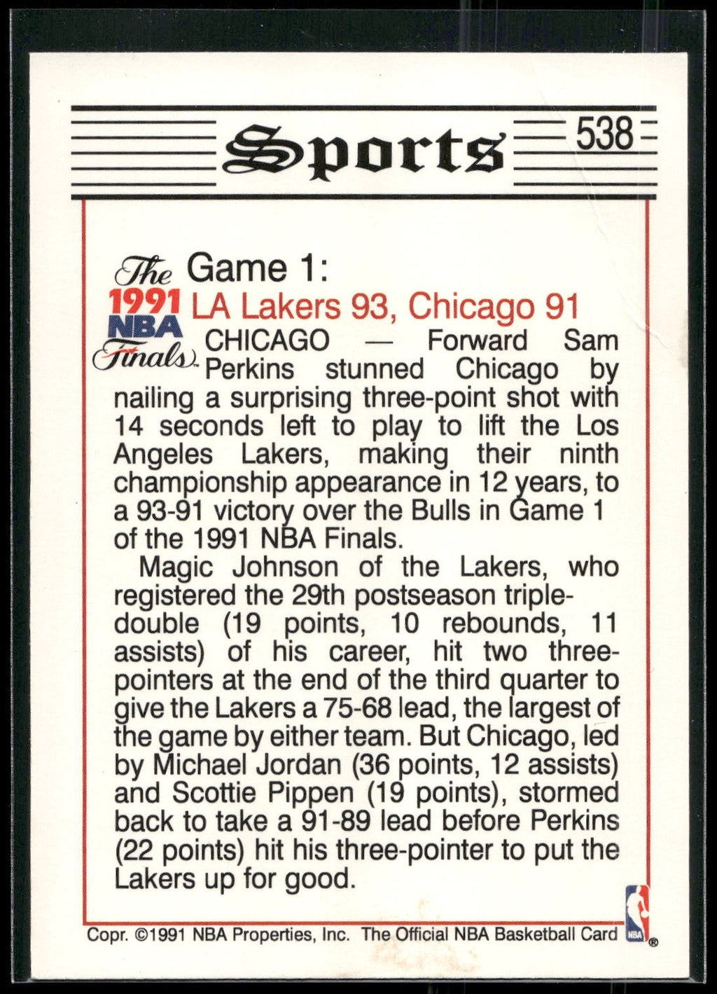1991-92 Hoops #538 Perkins' 3-Pointer Gives Lakers 1-0 Lead TRIB,