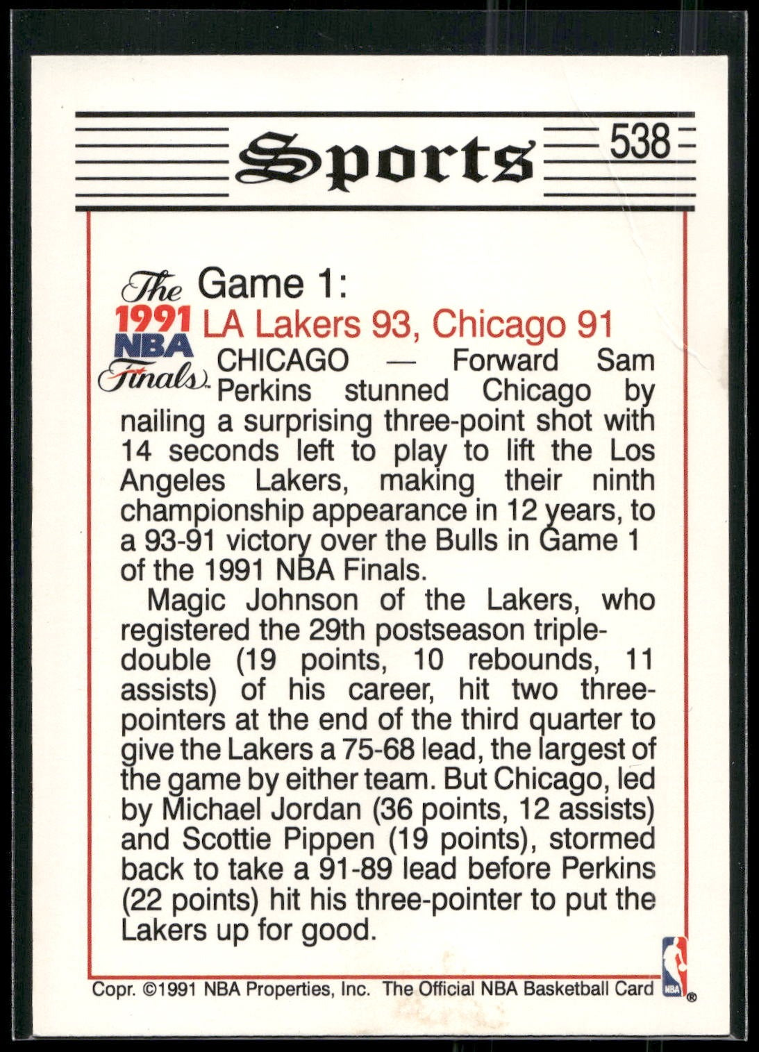 1991-92 Hoops #538 Perkins' 3-Pointer Gives Lakers 1-0 Lead TRIB,