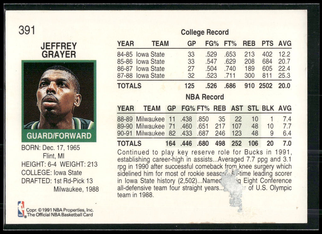 1991-92 Hoops #391 Jeff Grayer
