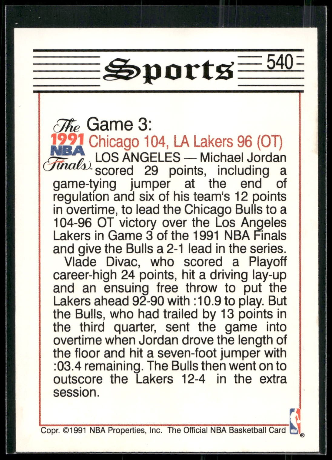 1991-92 Hoops #540 Bulls Win OT Thriller, Take 2-1 Lead TRIB,