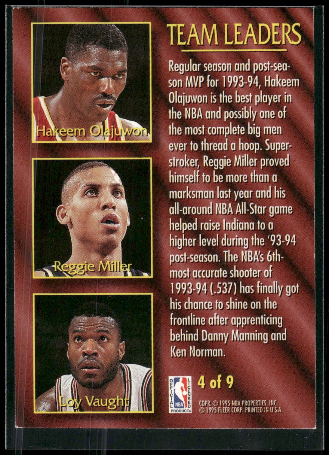 1994-95 Fleer #4 Hakeem Olajuwon / Reggie Miller / Loy Vaught Team Leaders