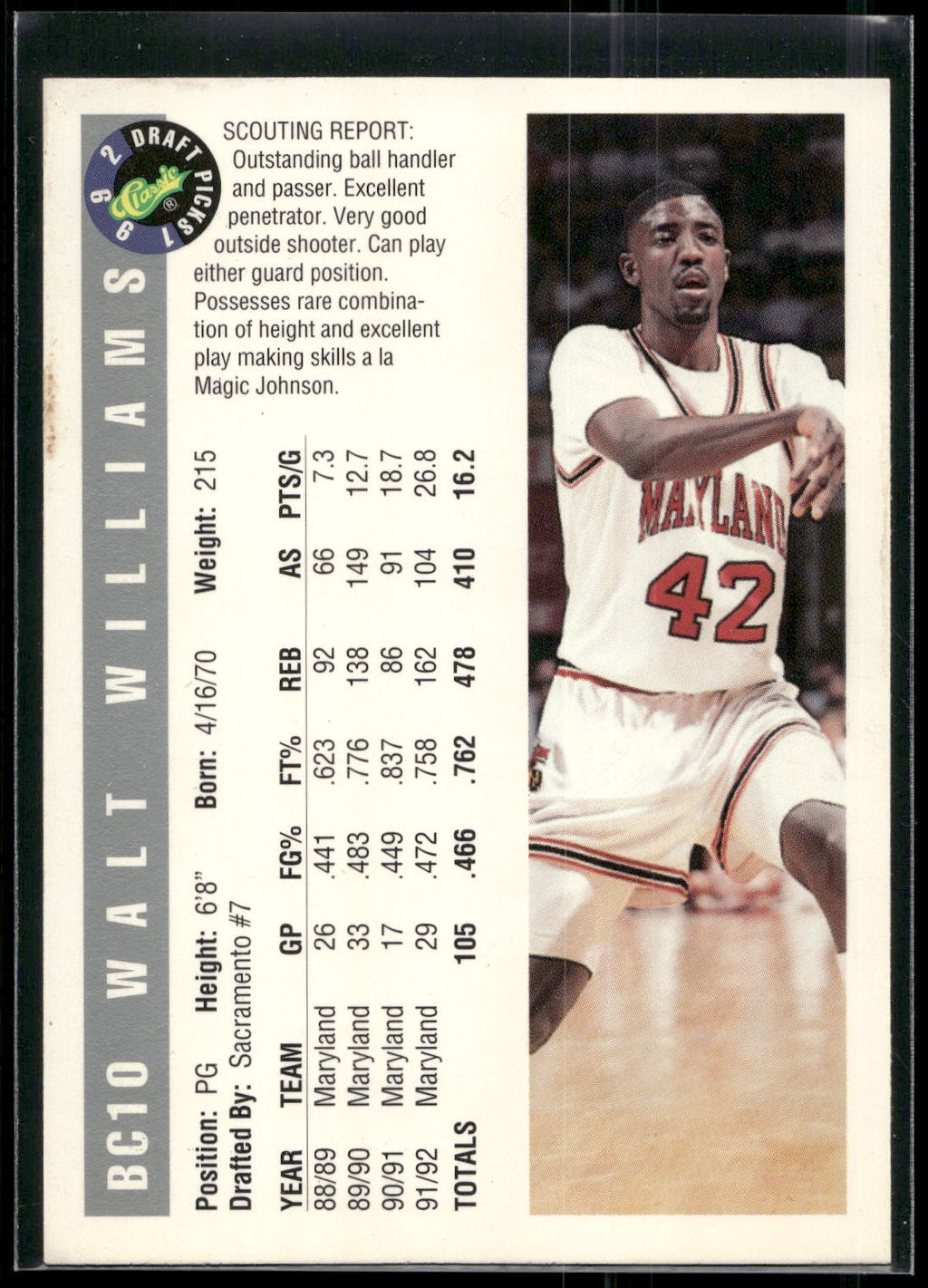 1992 Classic Draft Picks #BC10 Walt Williams Magicians