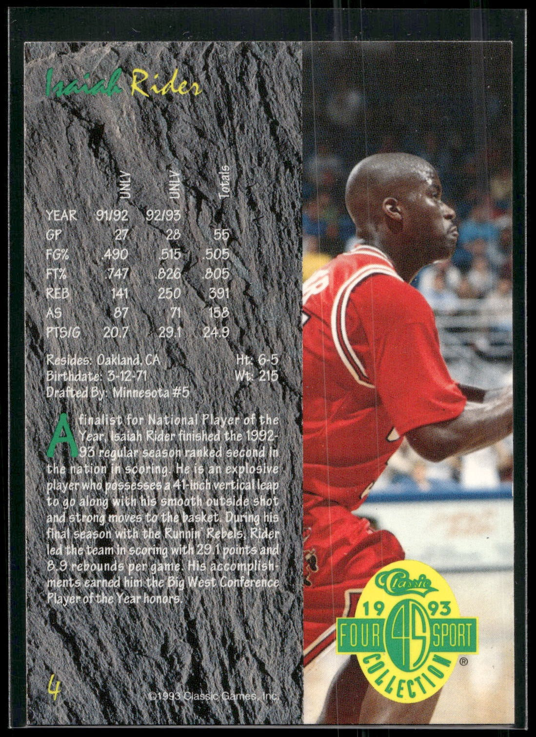 1993 Classic Four Sport #4 Isaiah Rider