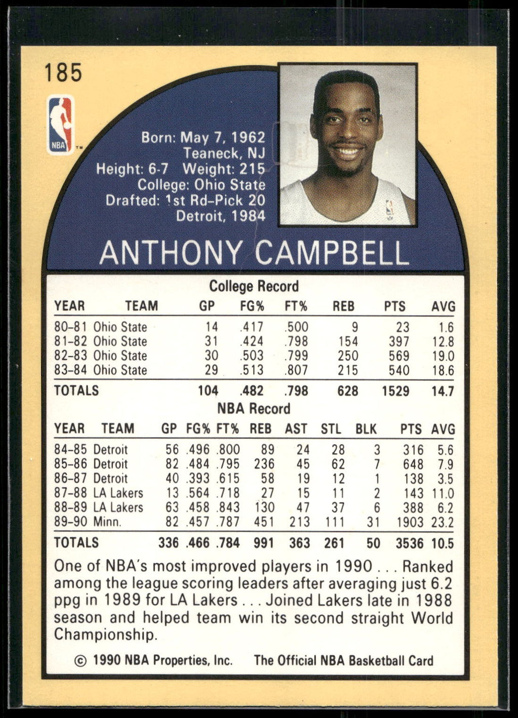 1990-91 Hoops #185 Tony Campbell