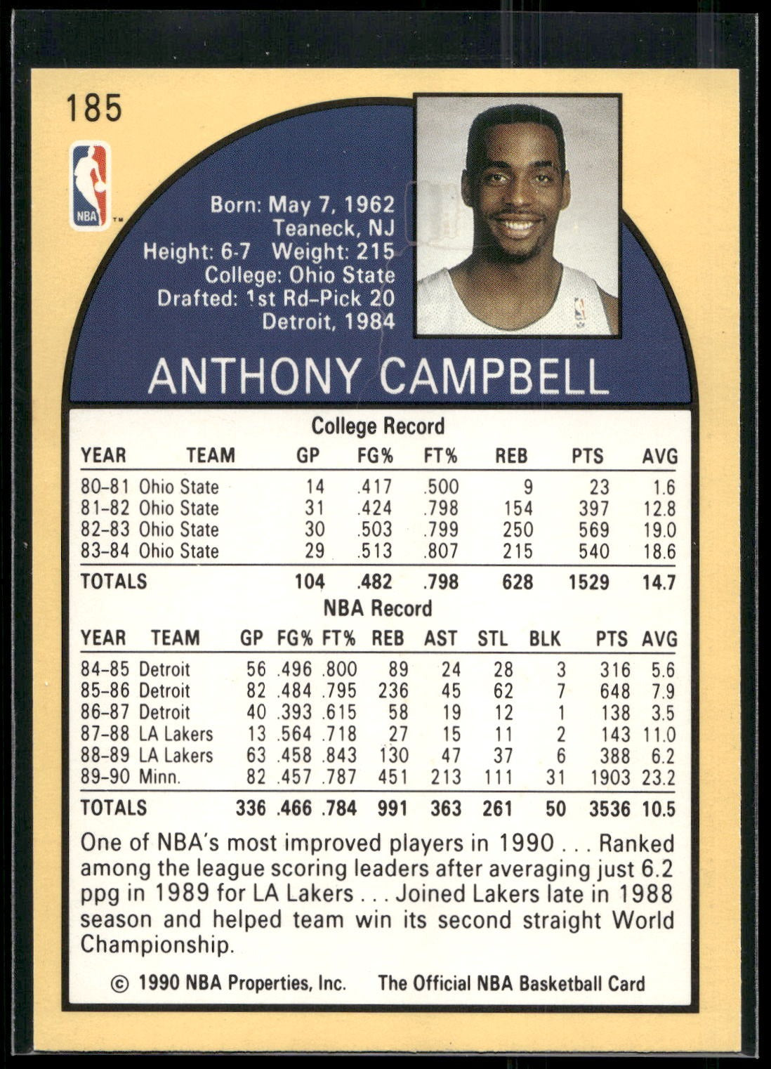 1990-91 Hoops #185 Tony Campbell