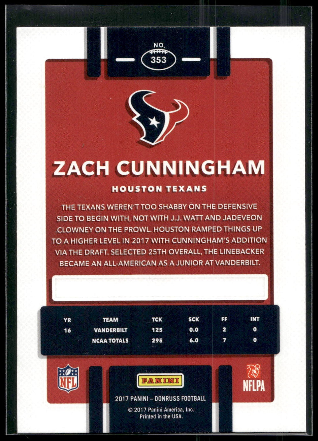 2017 Donruss #353 Zach Cunningham Press Proof Blue