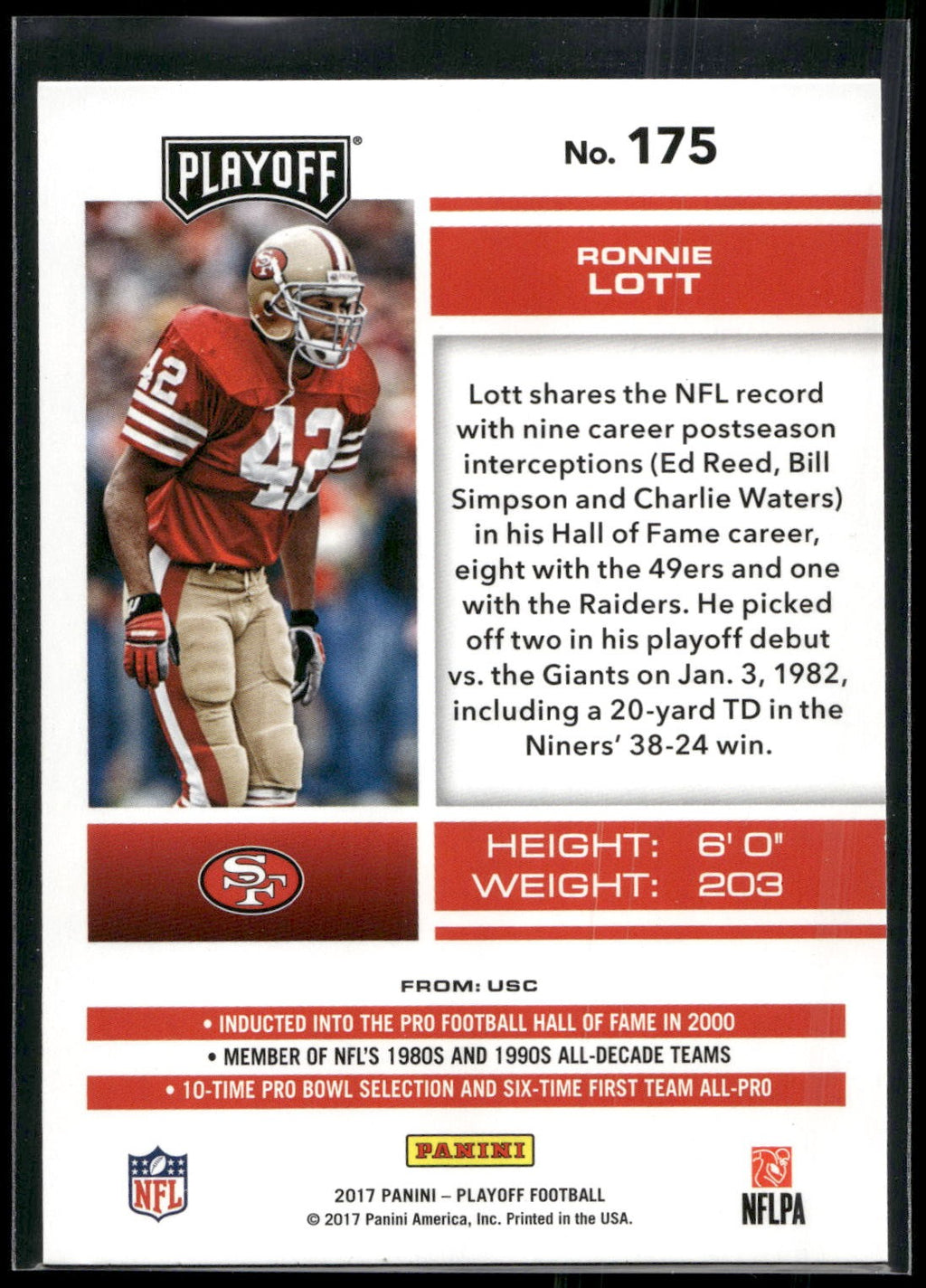 2017 Panini Playoff #175 Ronnie Lott