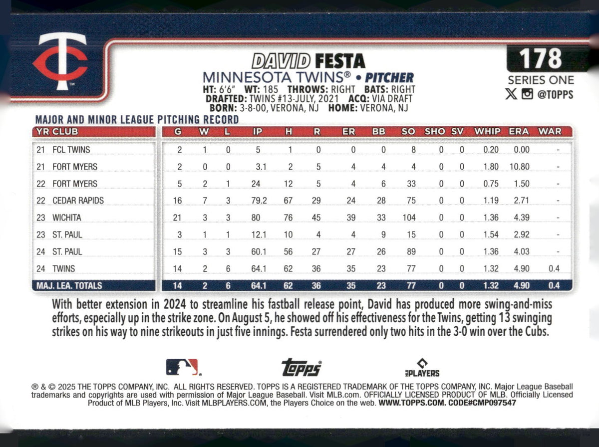 2025 Topps #178 David Festa Spring Training