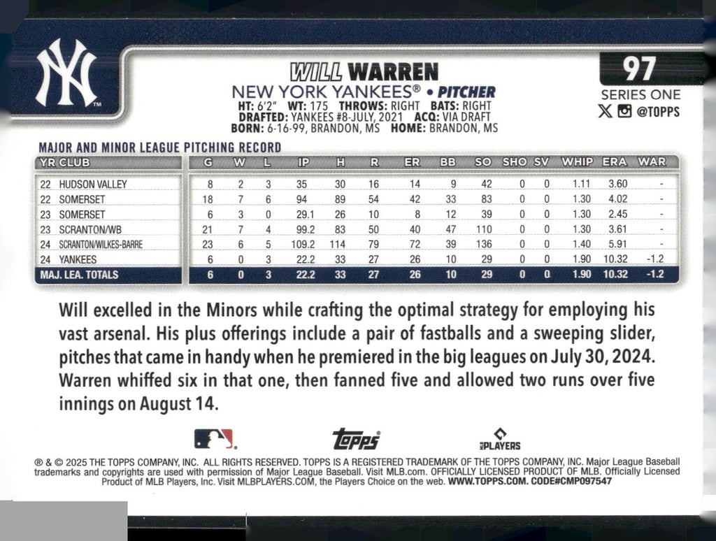 2025 Topps #97 Will Warren Spring Training