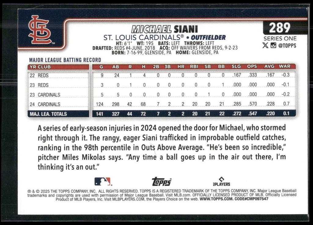 2025 Topps #289 Michael Siani Spring Training