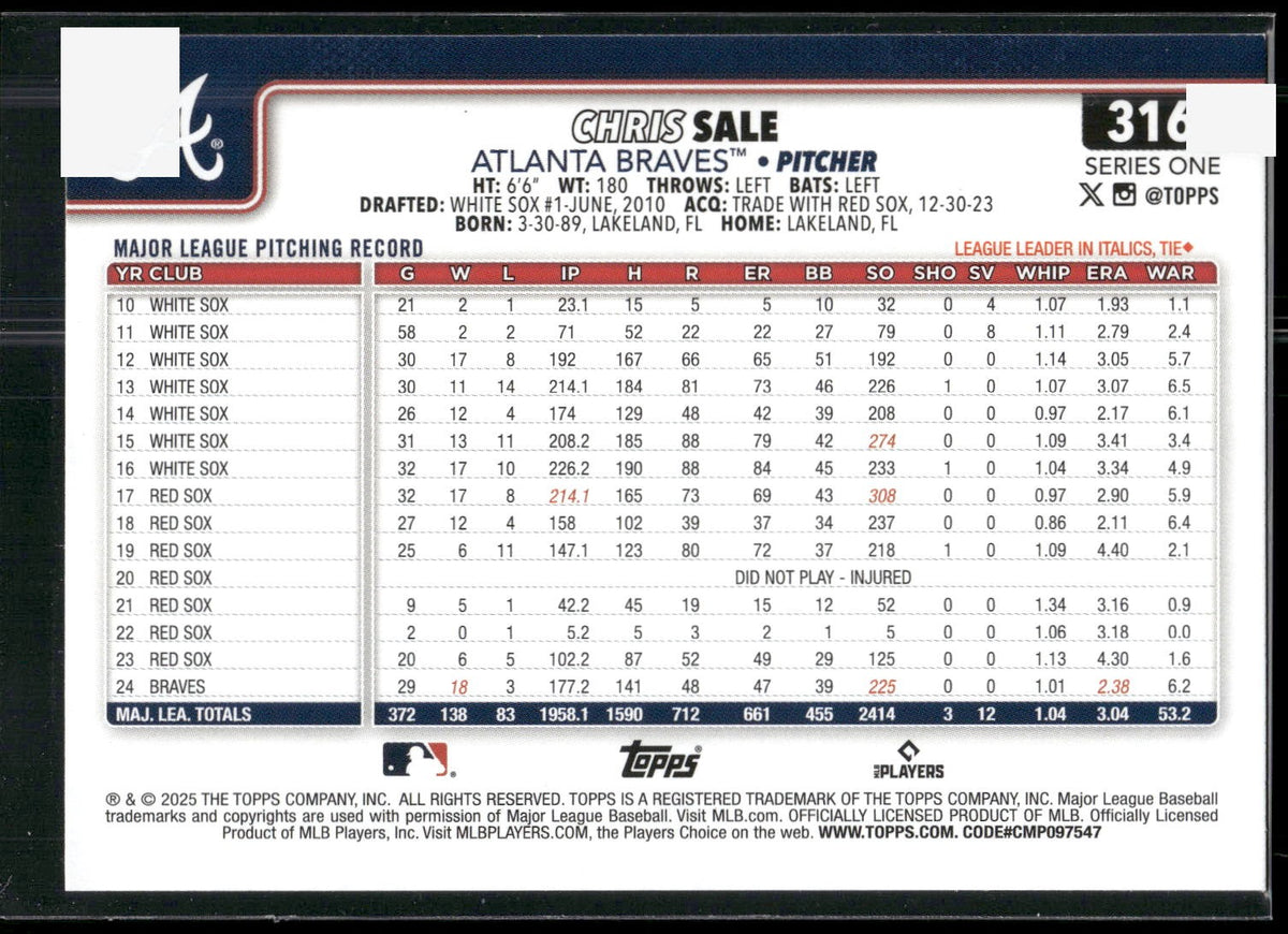 2025 Topps #316 Chris Sale Spring Training