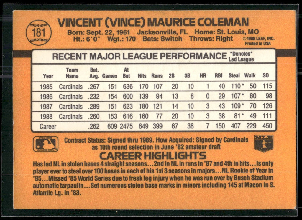 1989 Donruss #181d Vince Coleman
