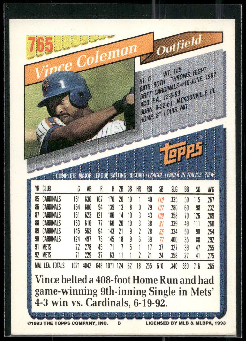 1993 Topps #765 Vince Coleman