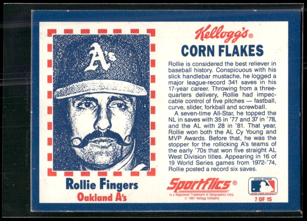 1991 Kellogg's Corn Flakes Baseball Greats #7 Rollie Fingers