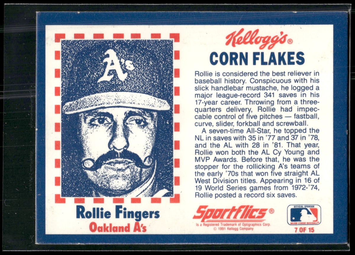 1991 Kellogg's Corn Flakes Baseball Greats #7 Rollie Fingers