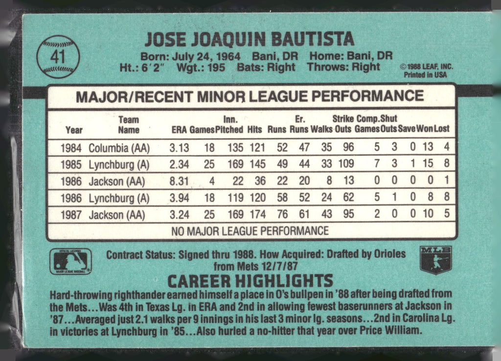 1988 Donruss The Rookies #41 Jose Bautista