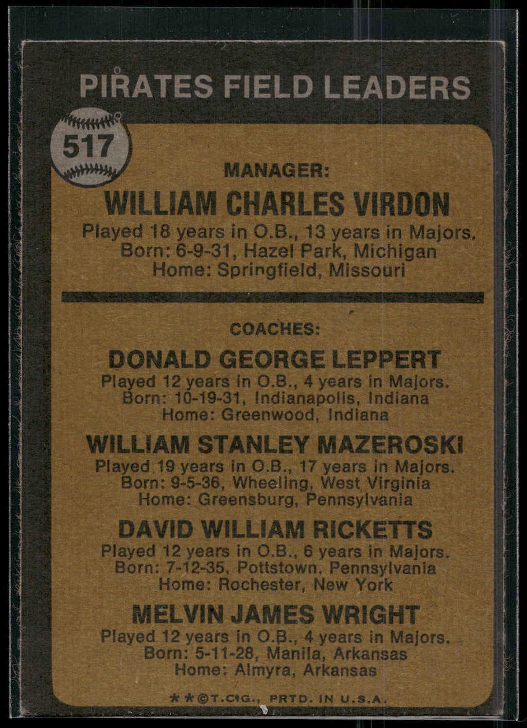 1973 Topps #517b Bill Virdon Don Leppert Bill Mazeroski Dave Ricketts Mel Wright