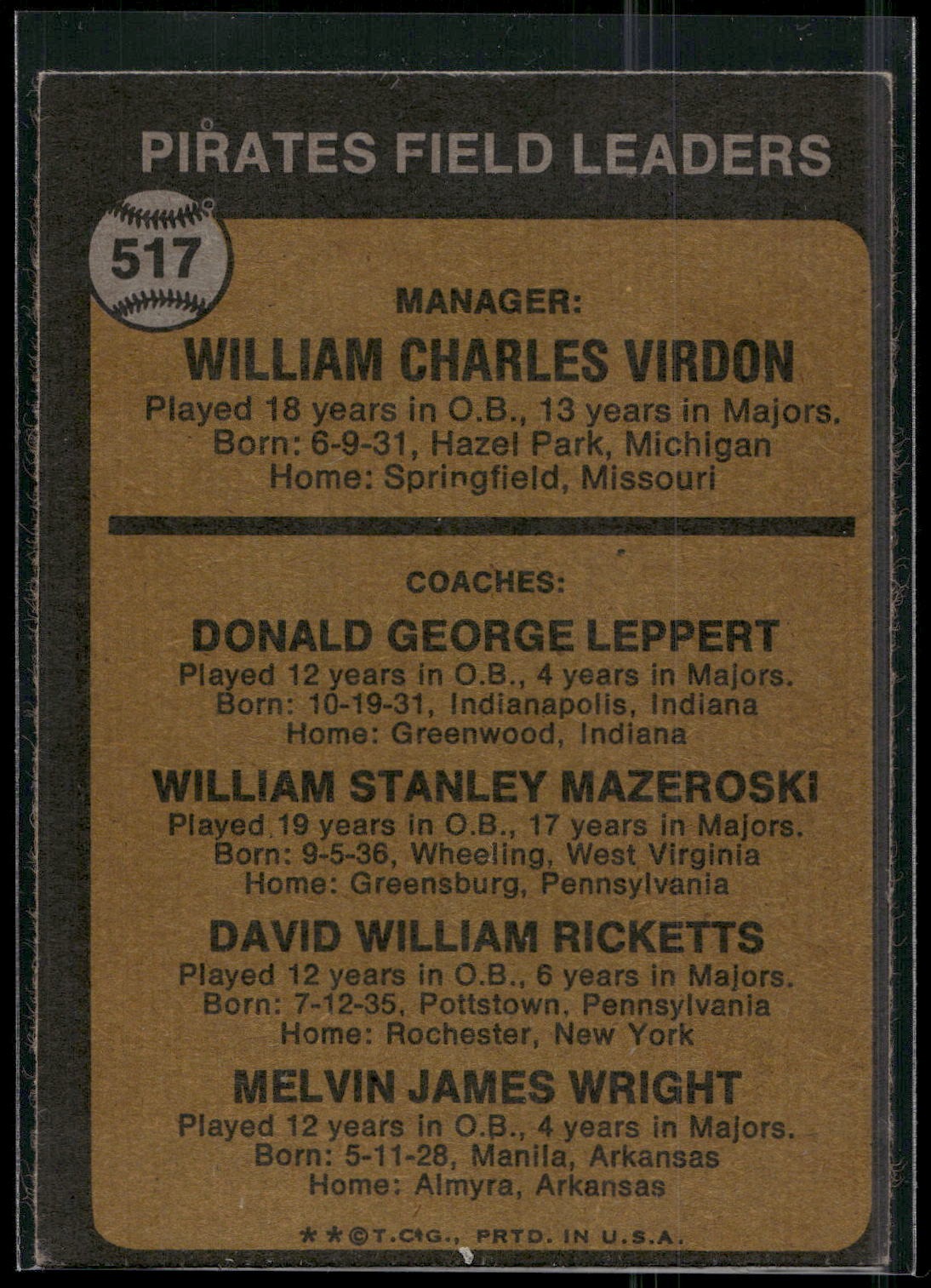 1973 Topps #517b Bill Virdon Don Leppert Bill Mazeroski Dave Ricketts Mel Wright