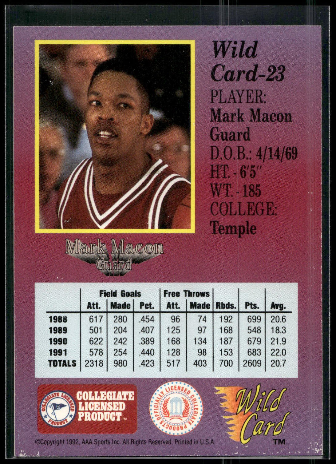 1991-92 Wild Card #23 Mark Macon