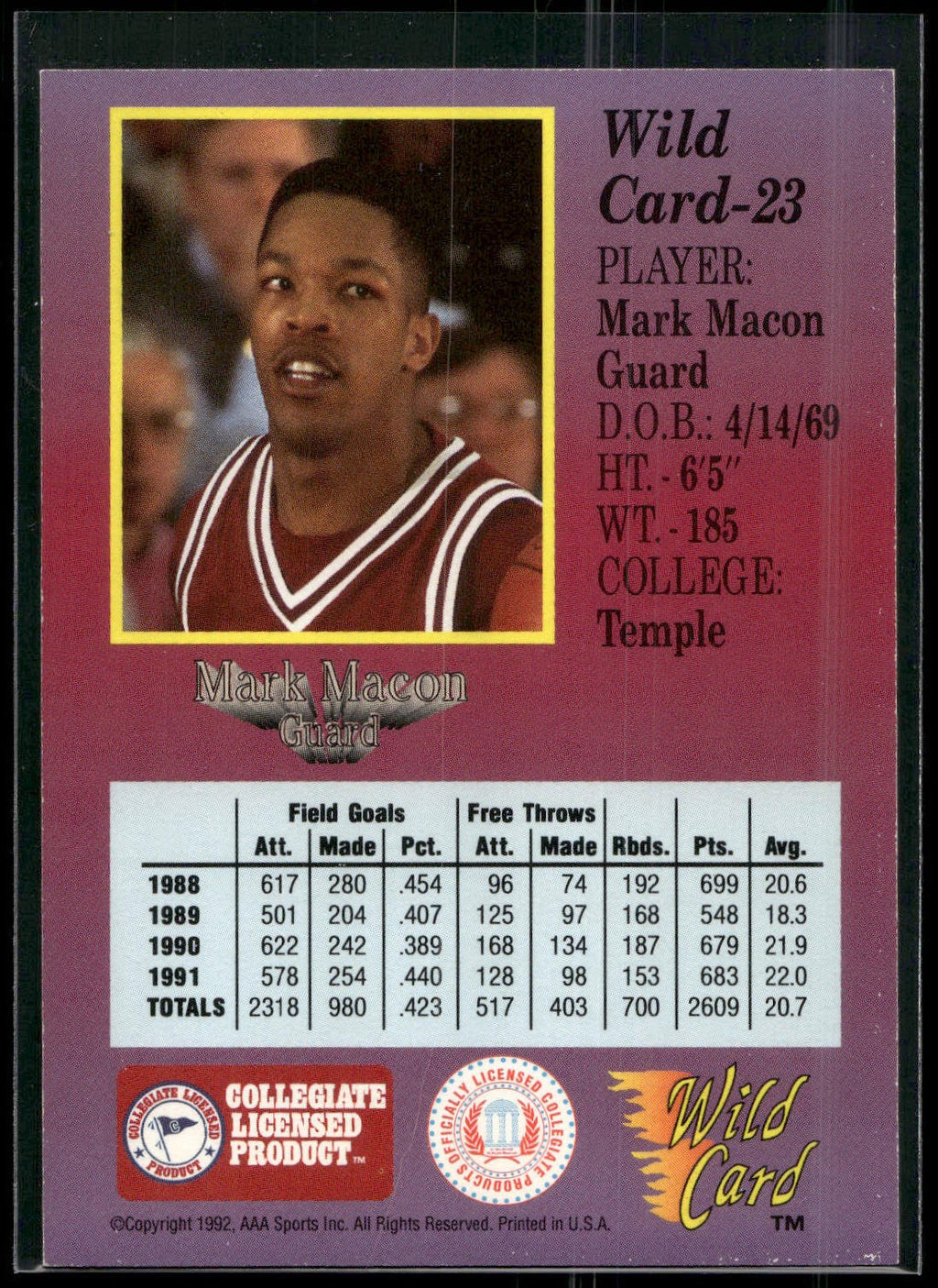 1991-92 Wild Card #23 Mark Macon