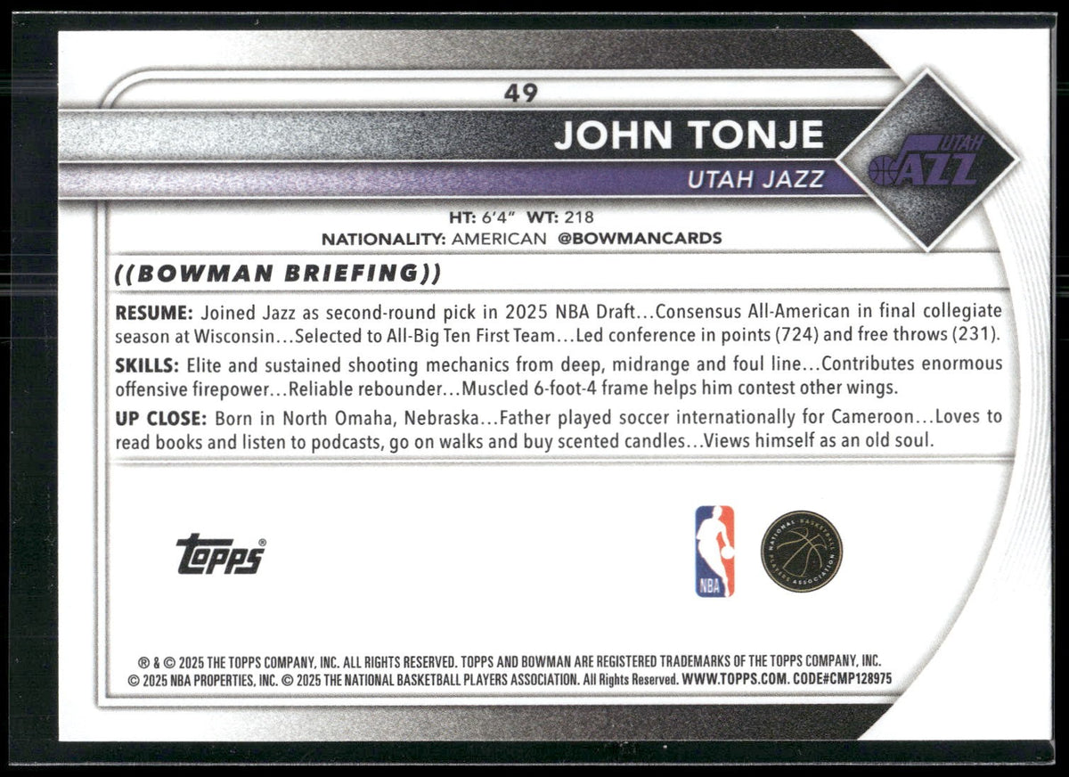 2025-26 Bowman #49 John Tonje