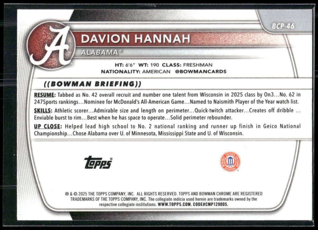 2025-26 Bowman #BCP-46 Davion Hannah Chrome Prospects