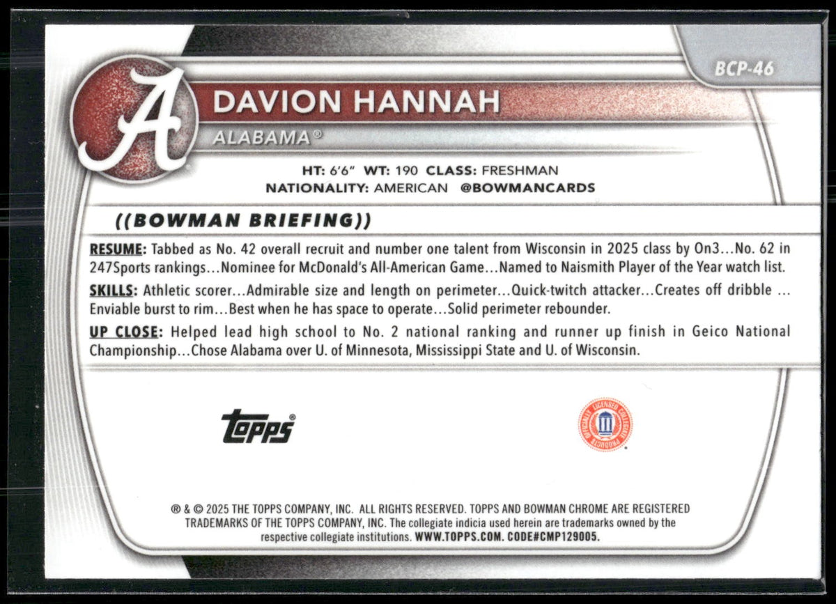 2025-26 Bowman #BCP-46 Davion Hannah Chrome Prospects