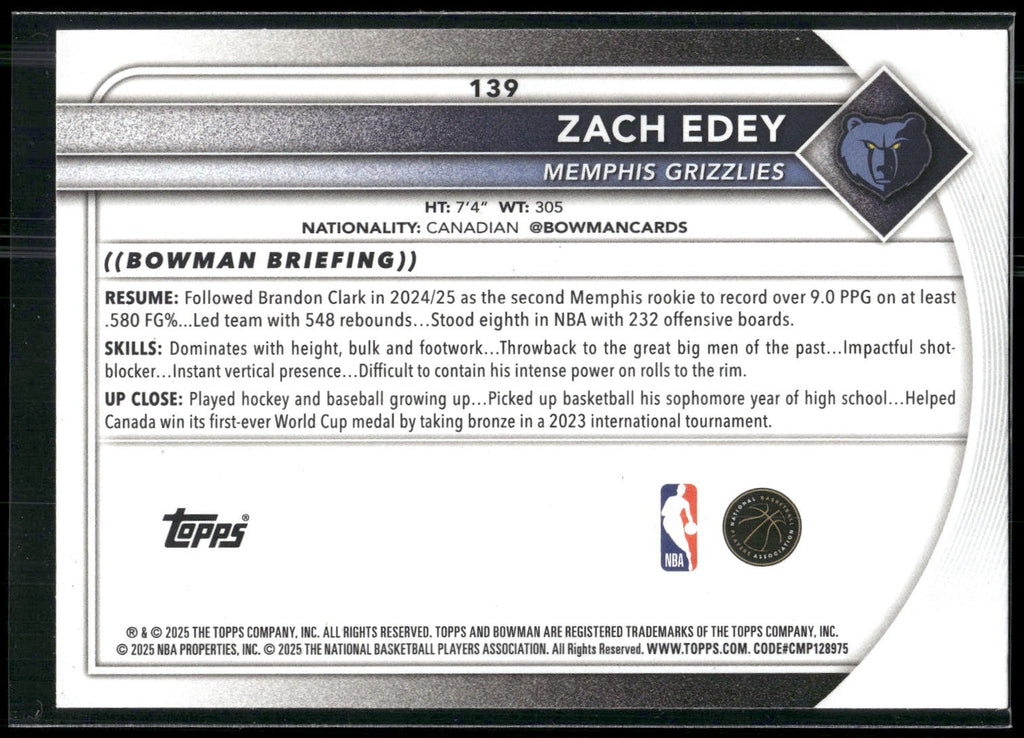 2025-26 Bowman #139 Zach Edey