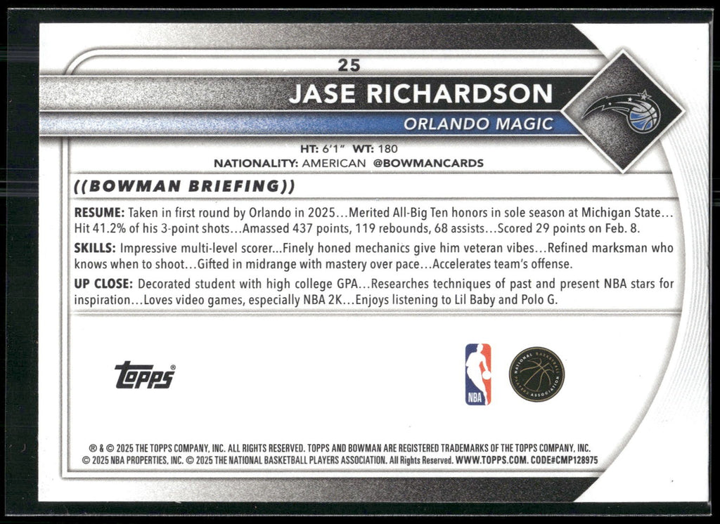2025-26 Bowman #25 Jase Richardson