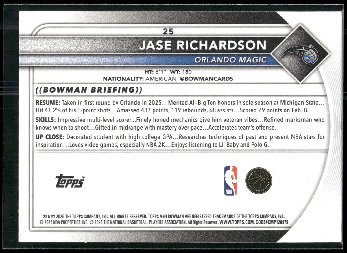 2025-26 Bowman #25 Jase Richardson