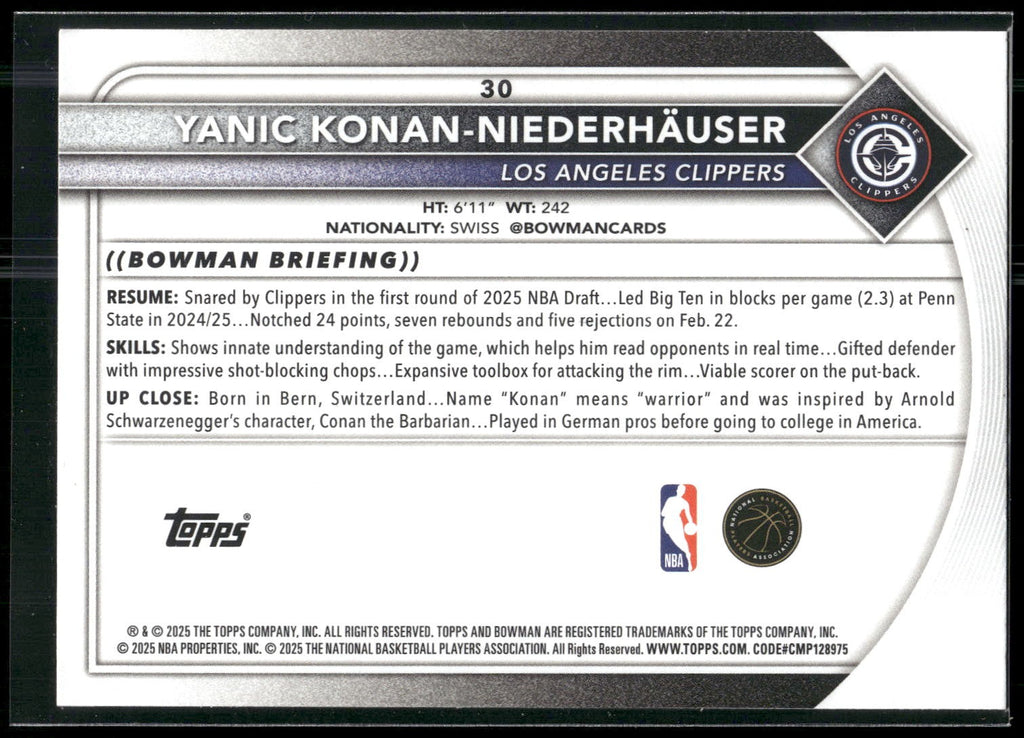 2025-26 Bowman #30 Yanic Konan Niederhäuser