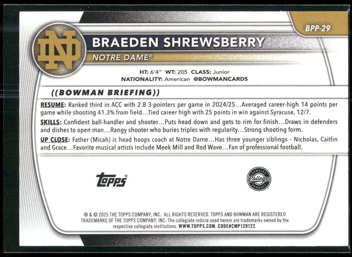 2025-26 Bowman #BPP-29 Braeden Shrewsberry Prospects