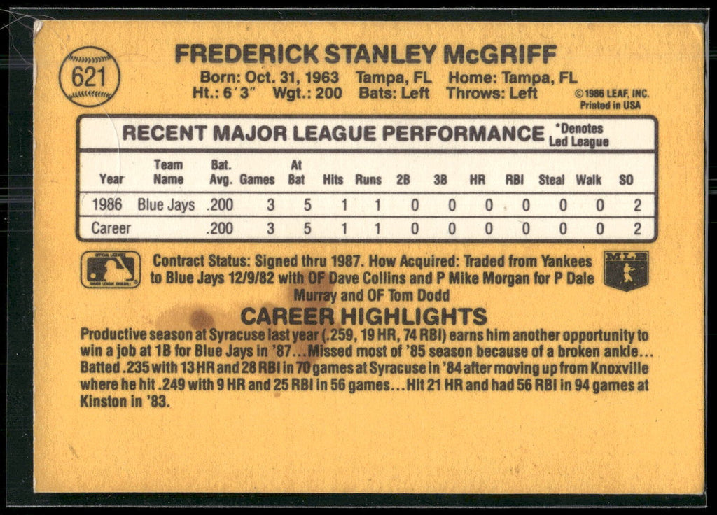 1987 Donruss #621 Fred McGriff