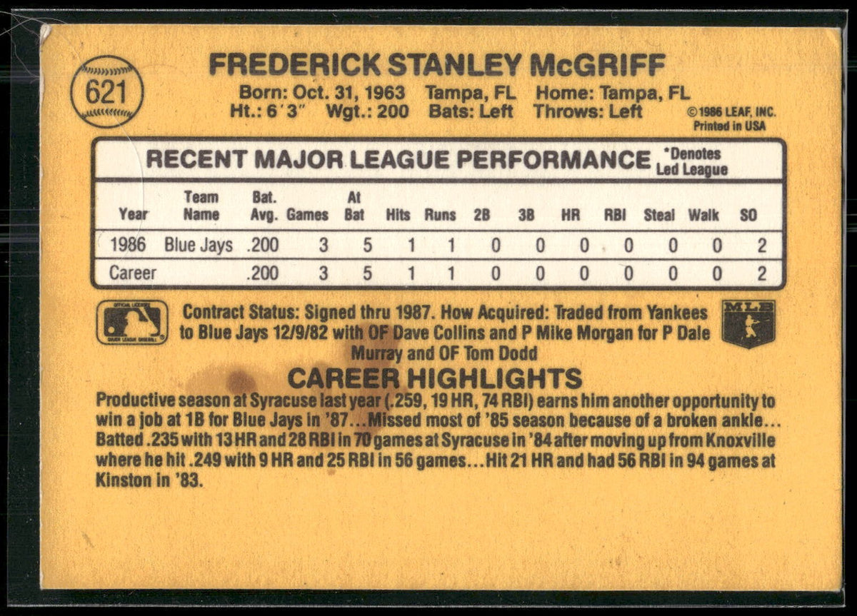 1987 Donruss #621 Fred McGriff