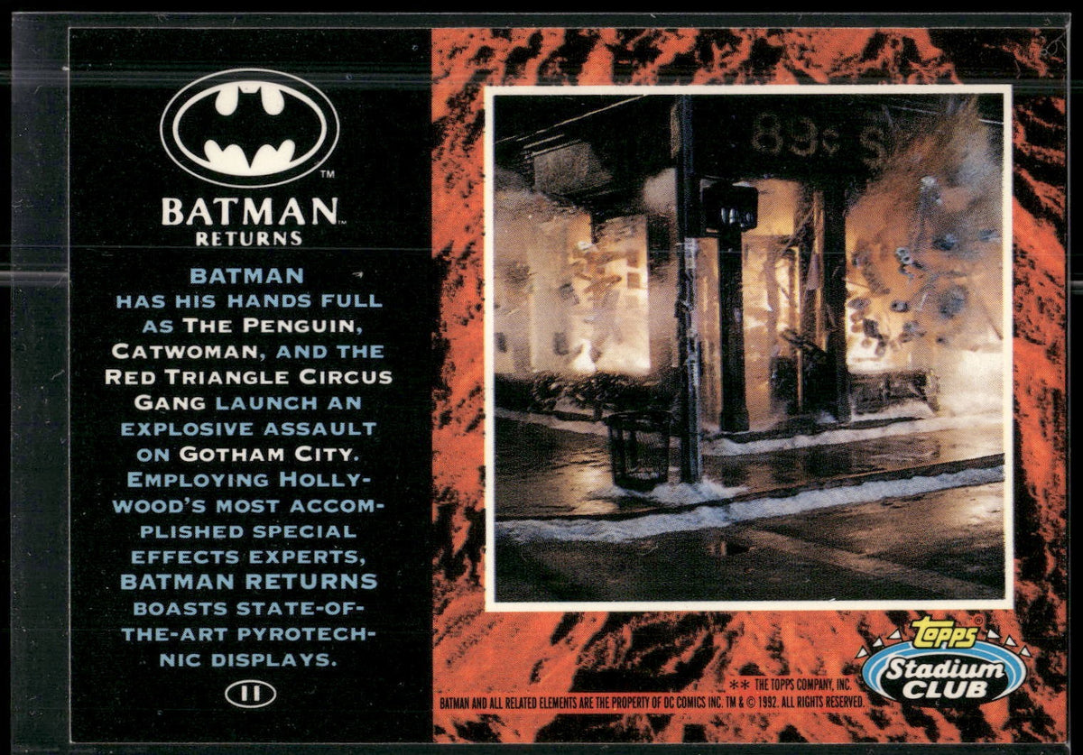 1992 Stadium Club Batman Returns #11 Batman has his hands The Penguin
