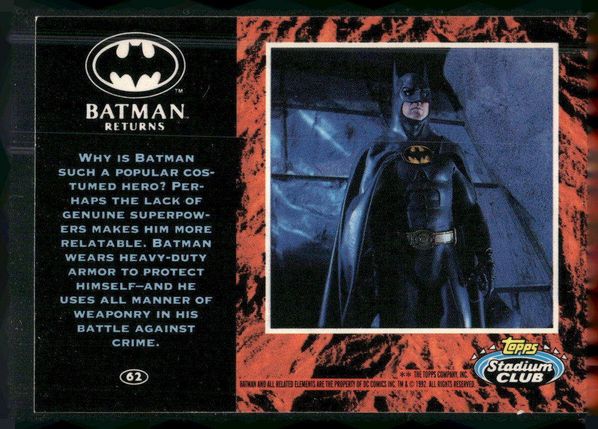 1992 Stadium Club Batman Returns #62 Why is Batman such a popular costumed hero?