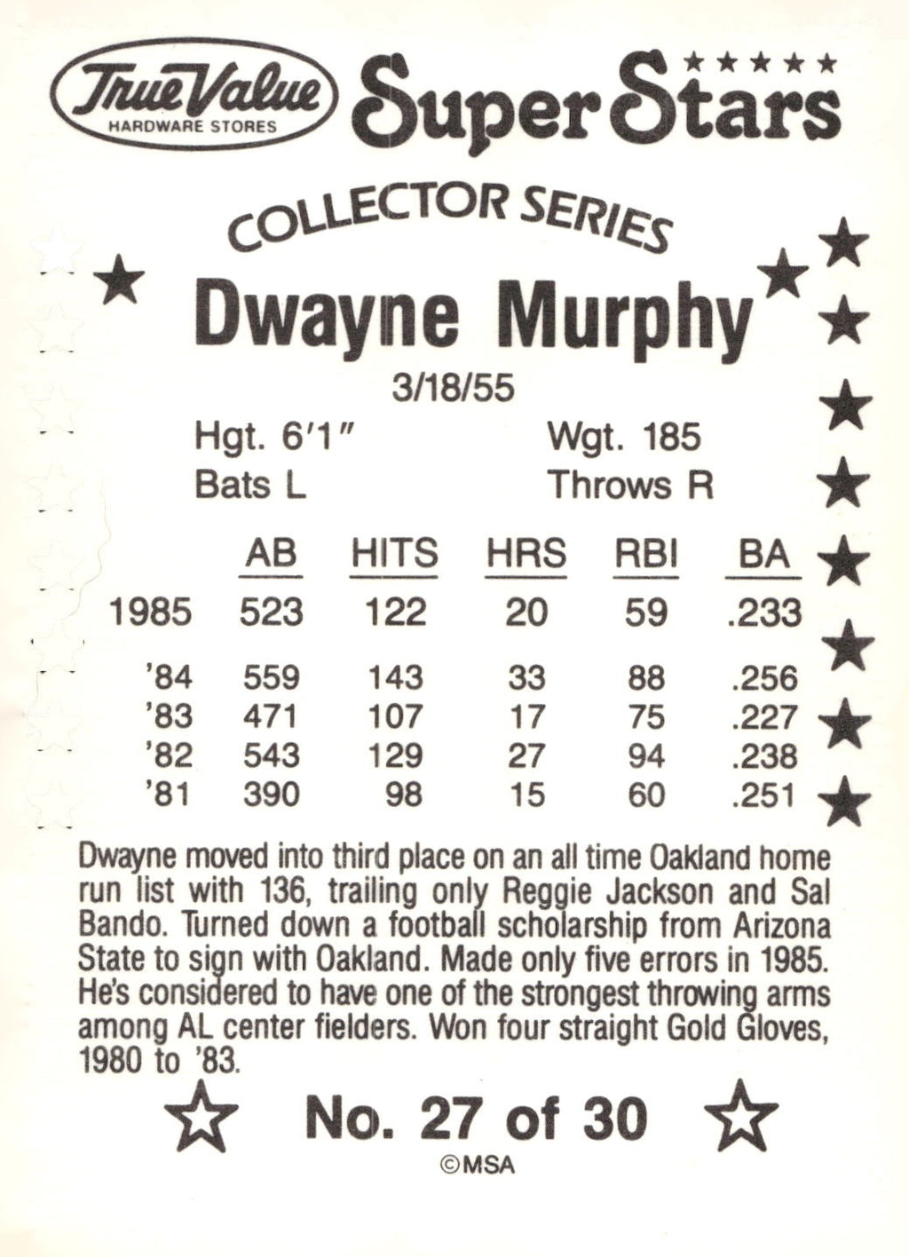 1986 True Value #27 Dwayne Murphy