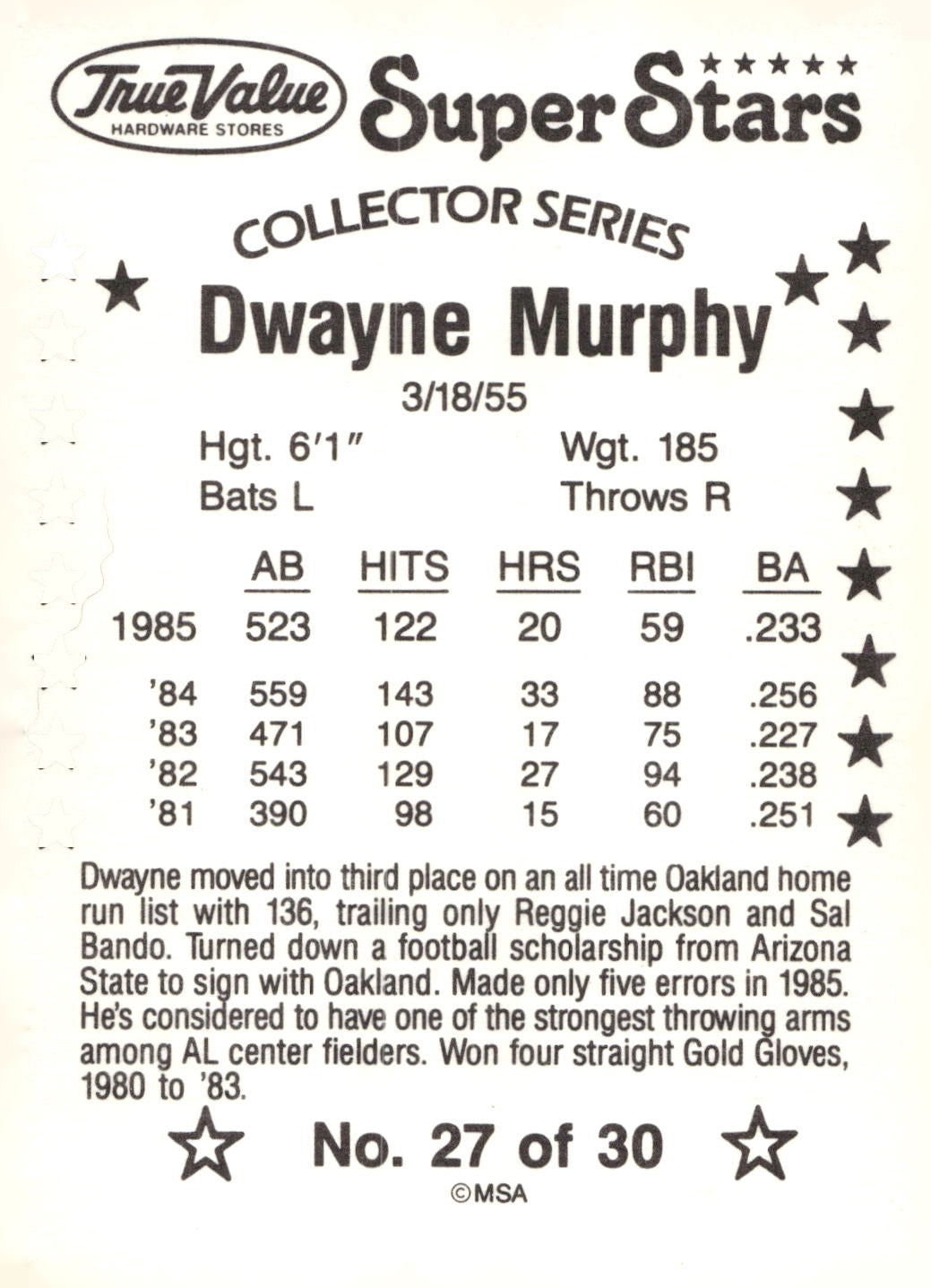 1986 True Value #27 Dwayne Murphy