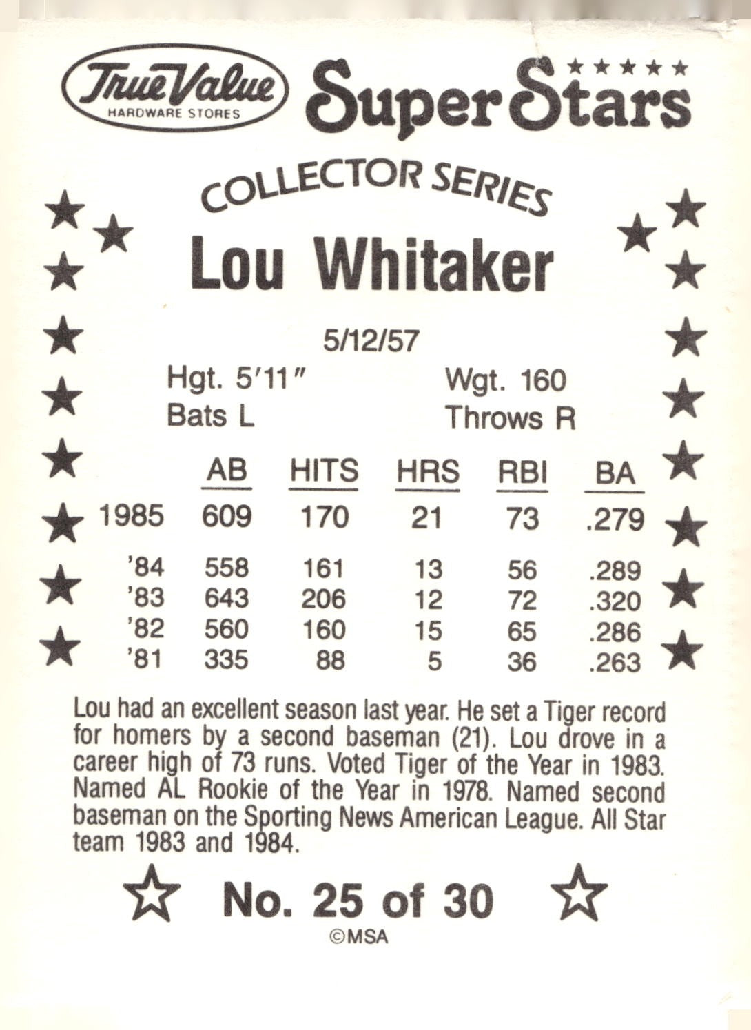 1986 True Value #25 Lou Whitaker