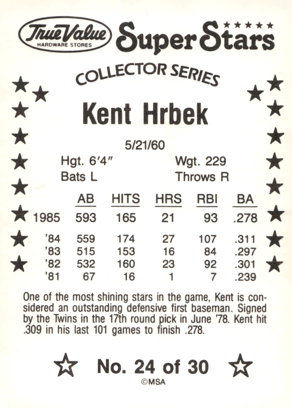 1986 True Value #24 Kent Hrbek