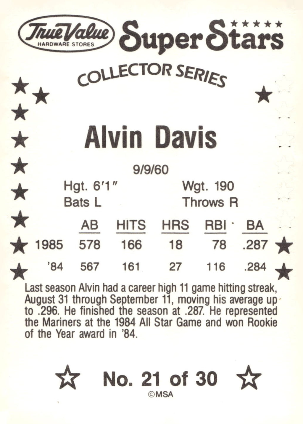 1986 True Value #21 Alvin Davis