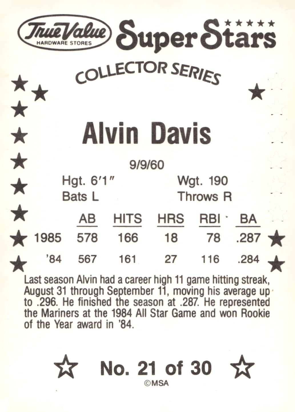 1986 True Value #21 Alvin Davis