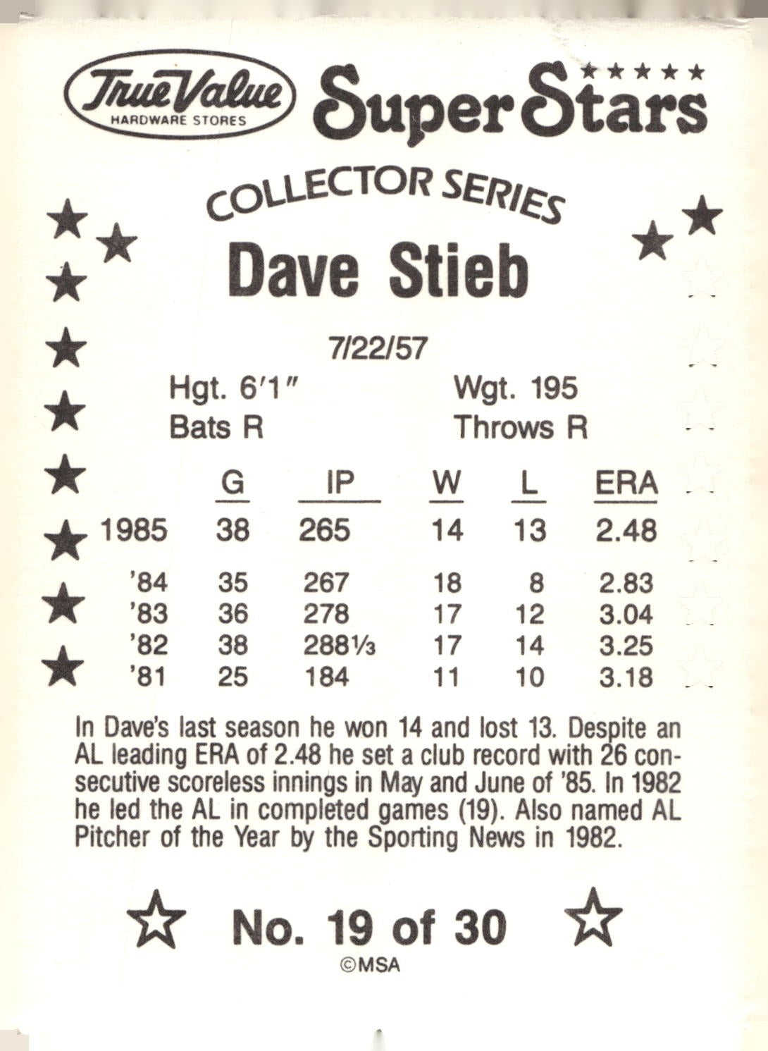 1986 True Value #19 Dave Stieb
