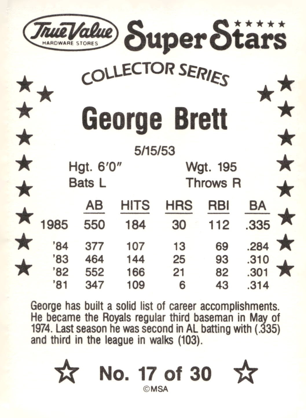 1986 True Value #17 George Brett