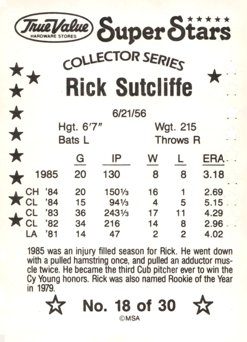 1986 True Value #18 Rick Sutcliffe