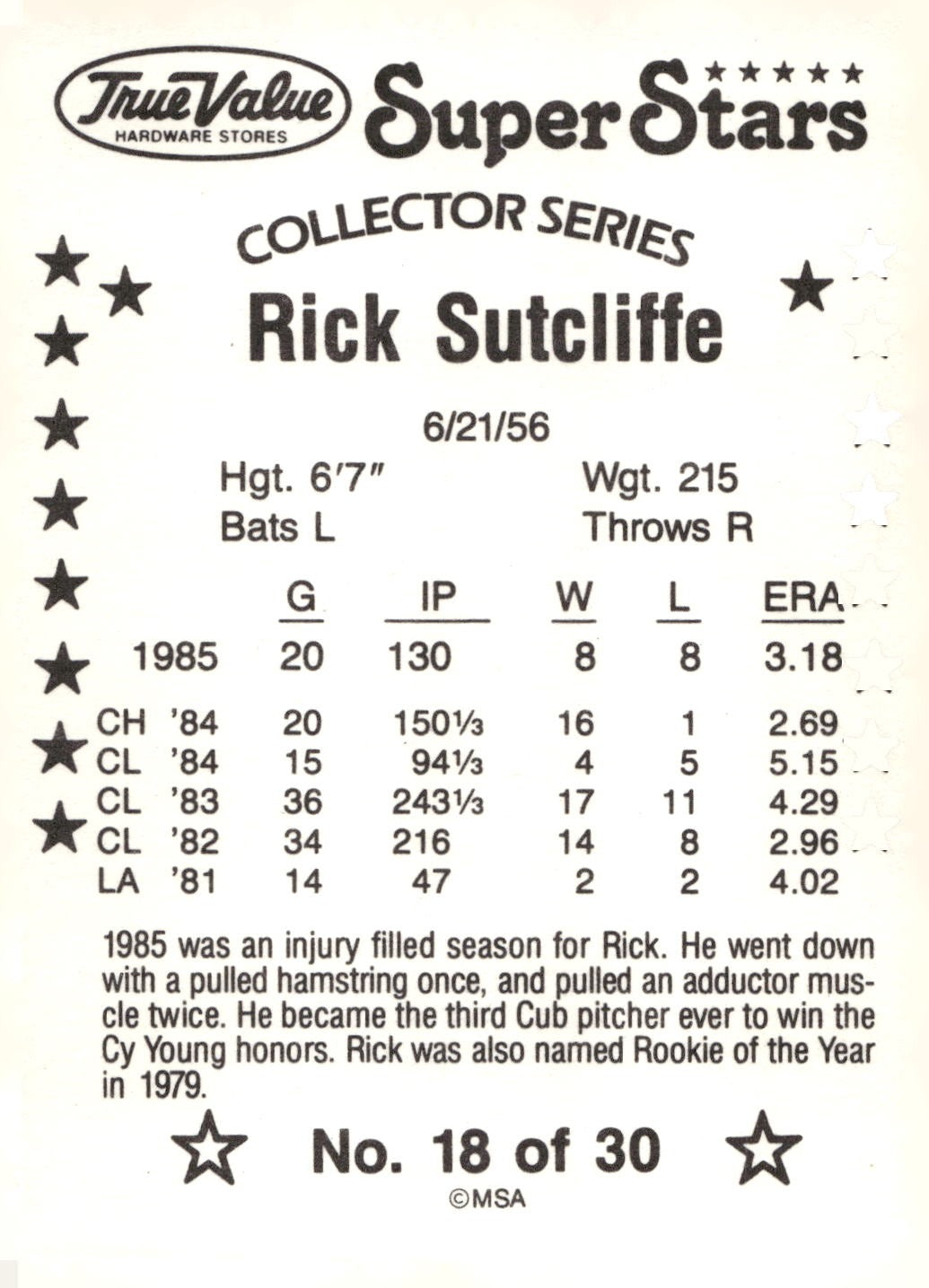 1986 True Value #18 Rick Sutcliffe
