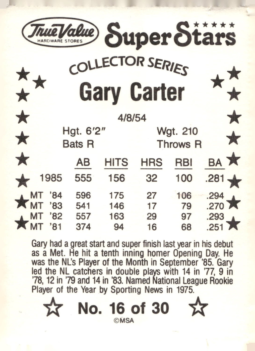 1986 True Value #16 Gary Carter