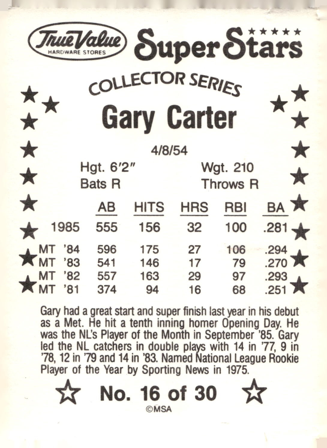 1986 True Value #16 Gary Carter