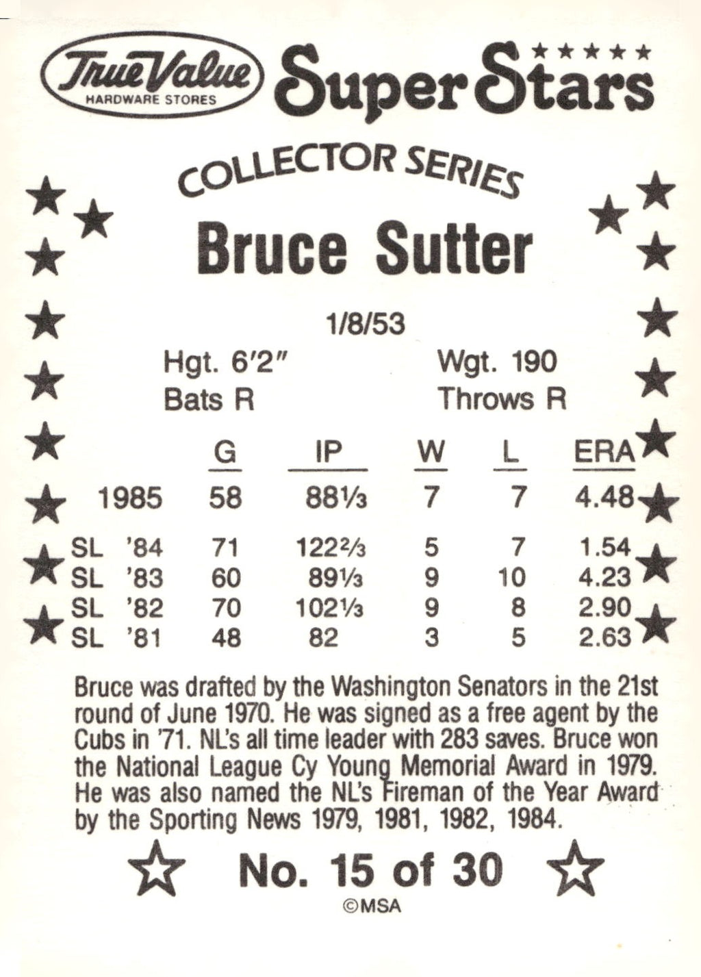 1986 True Value #15 Bruce Sutter