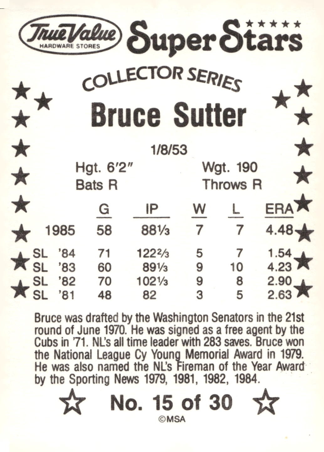 1986 True Value #15 Bruce Sutter